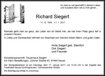 Traueranzeige von Richard Siegert von Rheinische Post