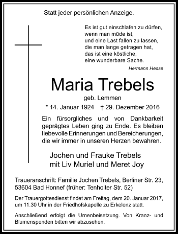 Traueranzeige von Maria Trebels von Rheinische Post