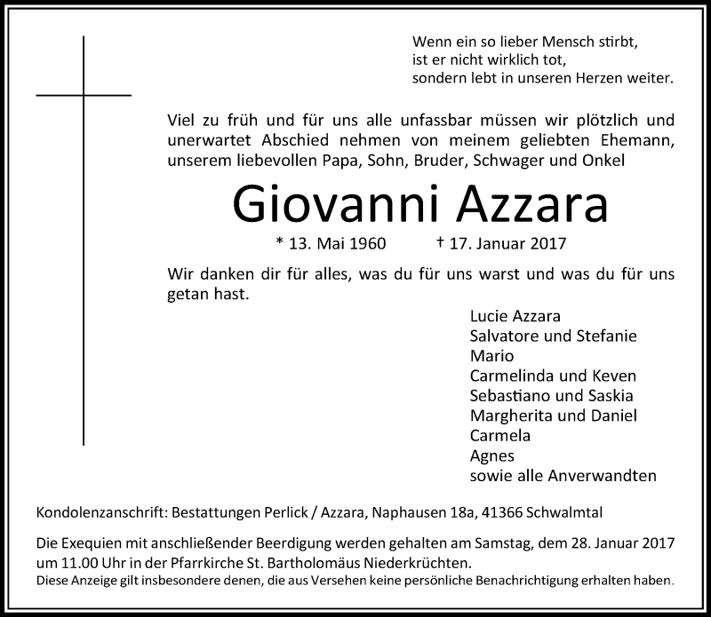  Traueranzeige für Giovanni Azzara vom 21.01.2017 aus Rheinische Post