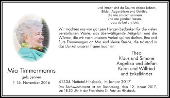 Traueranzeige von Mia Timmermanns von Rheinische Post