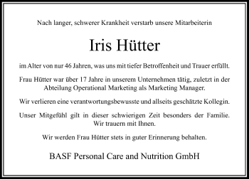 Traueranzeige von Iris Hütter von Rheinische Post