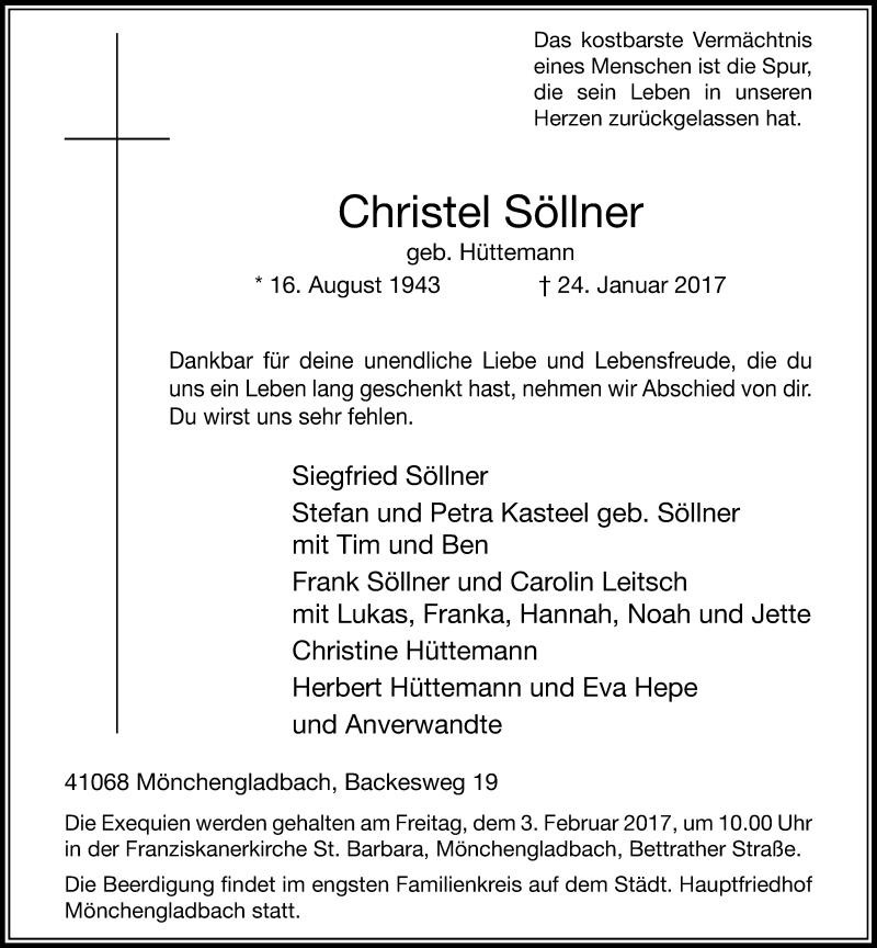  Traueranzeige für Christel Söllner vom 28.01.2017 aus Rheinische Post