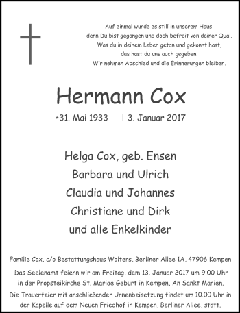 Traueranzeige von Hermann Cox von Rheinische Post