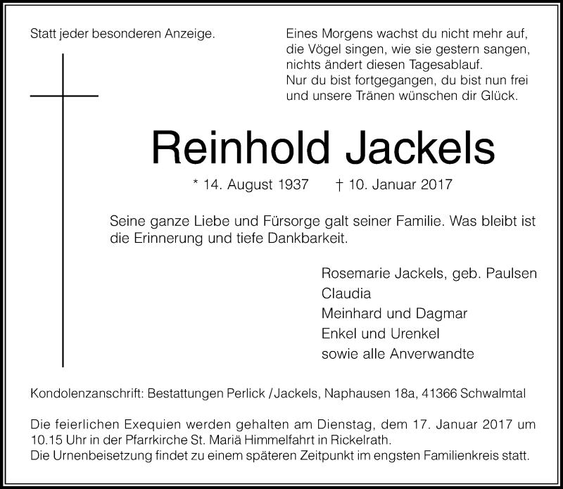  Traueranzeige für Reinhold Jackels vom 14.01.2017 aus Rheinische Post