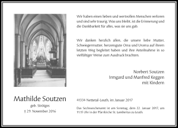 Traueranzeige von Mathilde Soutzen von Rheinische Post