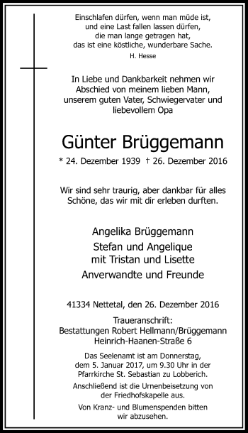 Traueranzeige von Günter Brüggemann von Rheinische Post