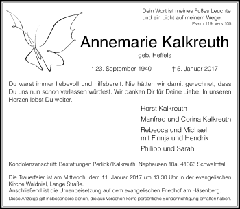 Traueranzeige von Annemarie Kalkreuth von Rheinische Post