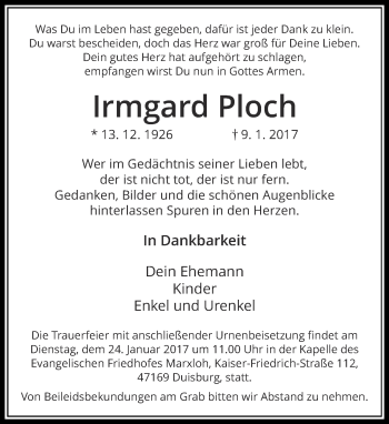 Traueranzeige von Irmgard Ploch von Rheinische Post
