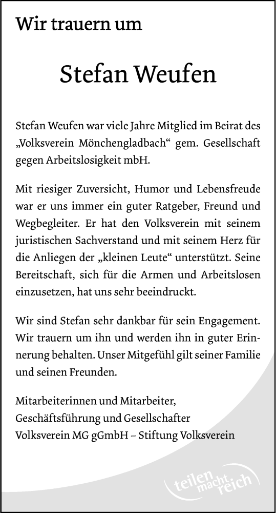  Traueranzeige für Stefan Weufen vom 17.01.2017 aus Rheinische Post