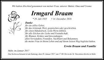 Traueranzeige von Irmgard Braam von Rheinische Post