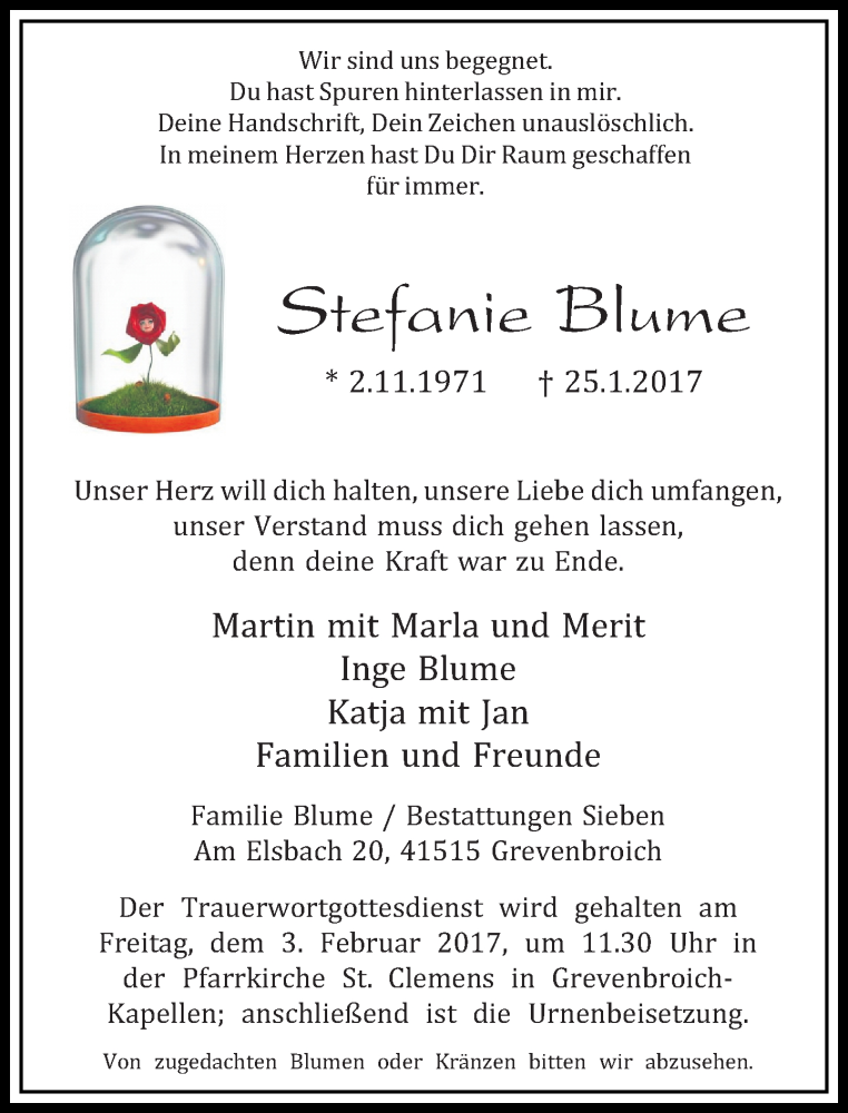  Traueranzeige für Stefanie Blume vom 28.01.2017 aus Rheinische Post
