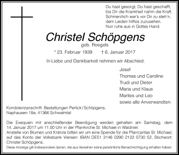 Traueranzeige von Christel Schöpgens von Rheinische Post