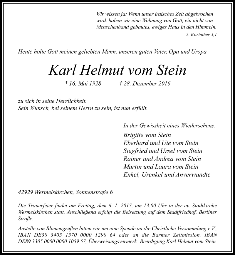  Traueranzeige für Karl Helmut vom Stein vom 02.01.2017 aus Rheinische Post