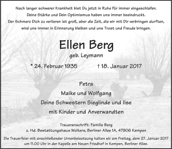 Traueranzeige von Ellen Berg von Rheinische Post