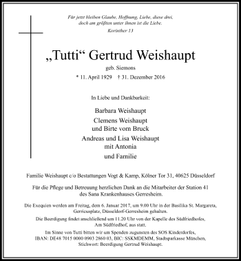 Traueranzeige von Gertrud Weishaupt von Rheinische Post