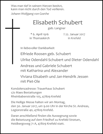 Traueranzeige von Elisabeth Schubert von Rheinische Post