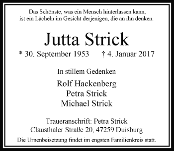 Traueranzeige von Jutta Strick von Rheinische Post