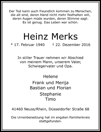 Traueranzeige von Heinz Merks von Rheinische Post