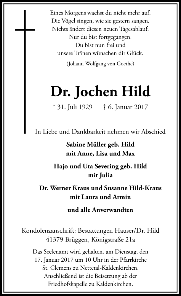  Traueranzeige für Jochen Hild vom 11.01.2017 aus Rheinische Post