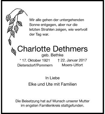 Traueranzeige von Charlotte Dethmers von Rheinische Post