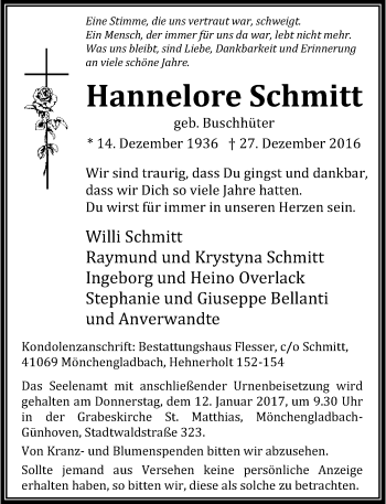 Traueranzeige von Hannelore Schmitt von Rheinische Post