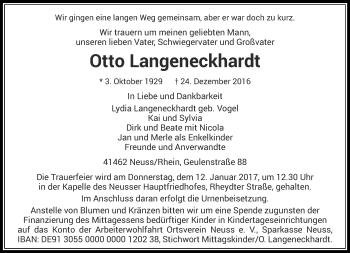 Traueranzeige von Otto Langeneckhardt von Rheinische Post