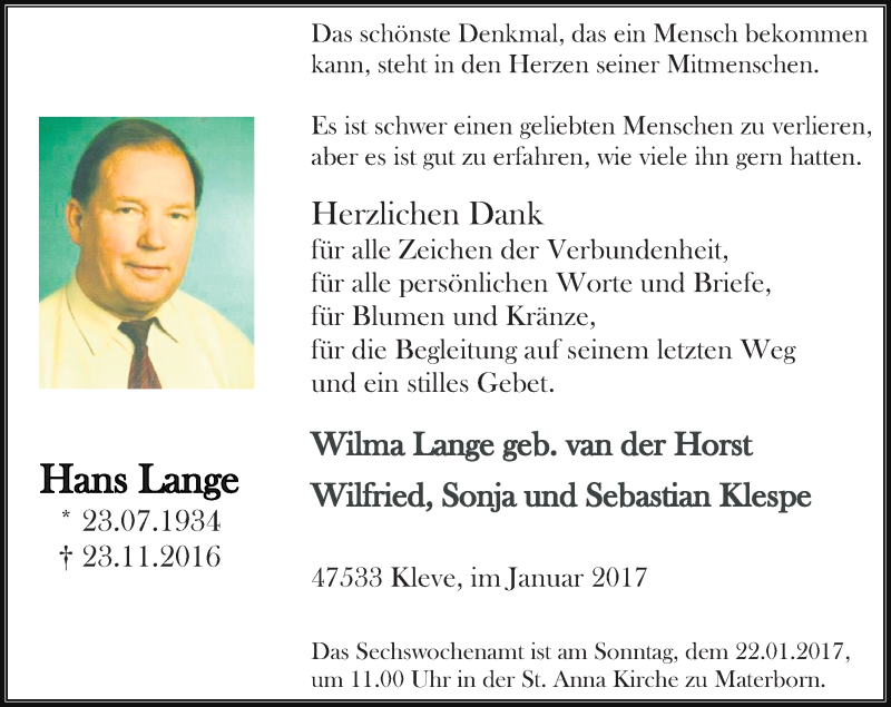  Traueranzeige für Hans Lange vom 14.01.2017 aus Rheinische Post