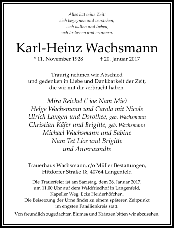 Traueranzeige von Karl-Heinz Wachsmann von Rheinische Post