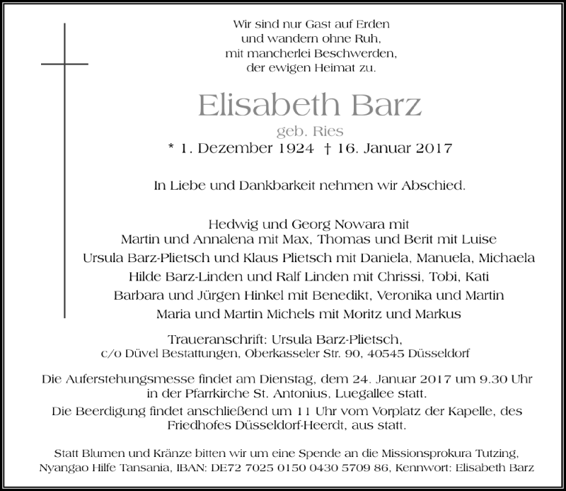 Traueranzeige für Elisabeth Barz vom 21.01.2017 aus Rheinische Post