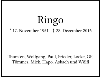 Traueranzeige von Ringo  von Rheinische Post