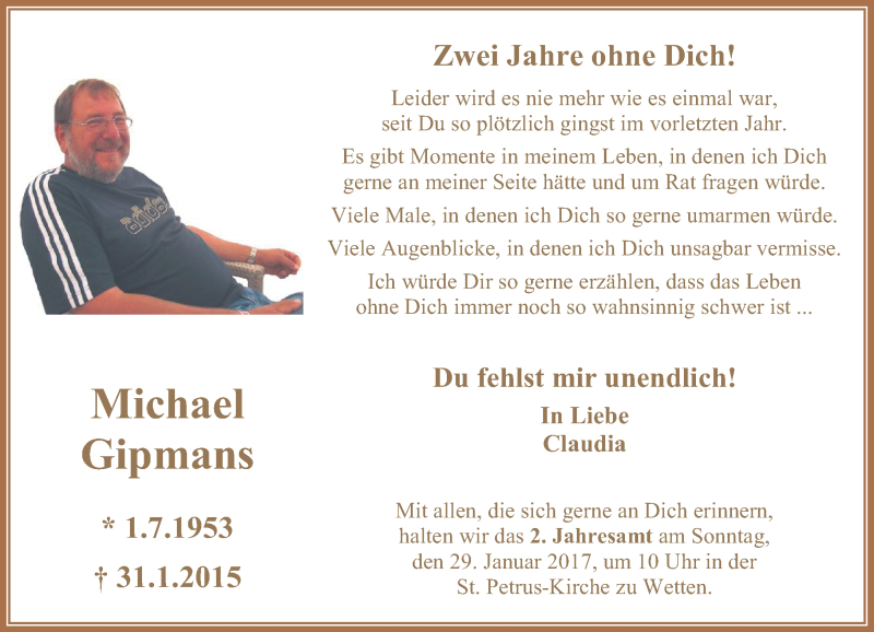  Traueranzeige für Michael Gipmans vom 21.01.2017 aus Rheinische Post