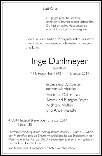 Traueranzeige von Inge Dahlmeyer von Rheinische Post