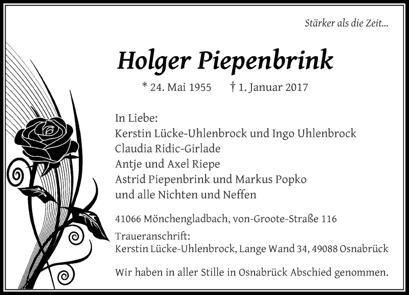  Traueranzeige für Holger Piepenbrink vom 14.01.2017 aus Rheinische Post