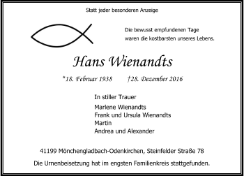 Traueranzeige von Hans Wienandts von Rheinische Post
