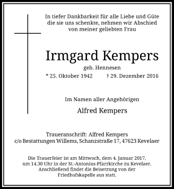 Traueranzeige von Irmgard Kempers von Rheinische Post