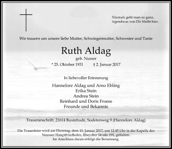 Traueranzeige von Ruth Aldag von Rheinische Post