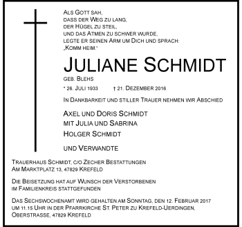 Traueranzeige von Juliane Schmidt von Rheinische Post