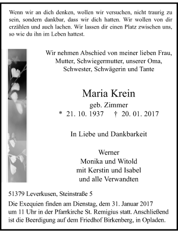 Traueranzeige von Maria Krein von Rheinische Post