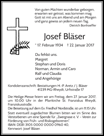 Traueranzeige von Josef Bläser von Rheinische Post