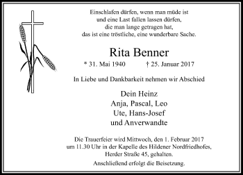 Traueranzeige von Rita Benner von Rheinische Post