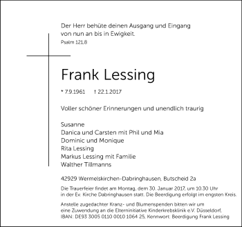 Traueranzeige von Frank Lessing von Rheinische Post