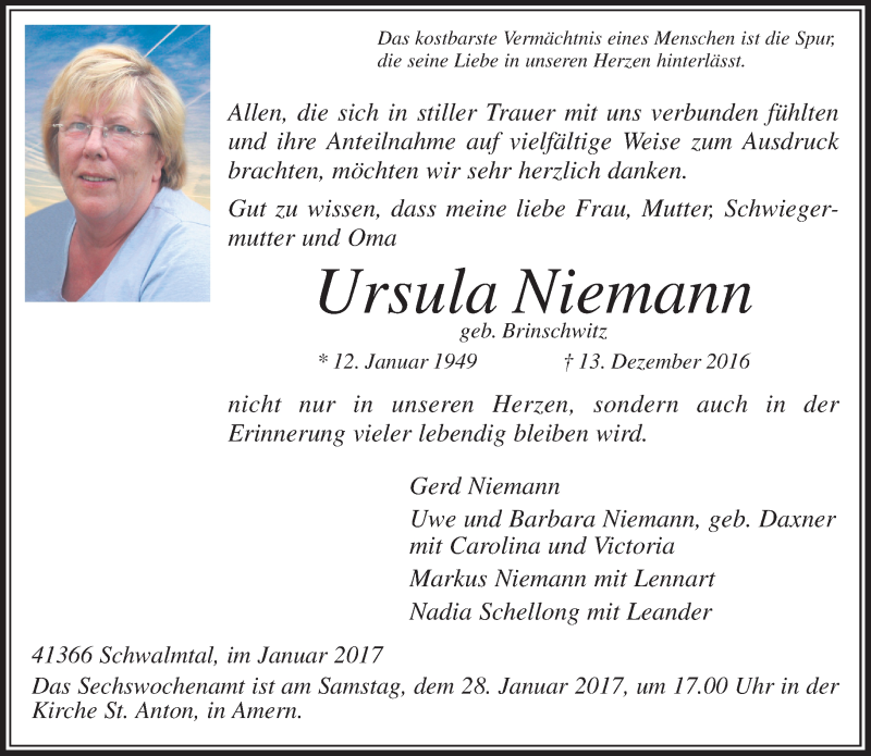  Traueranzeige für Ursula Niemann vom 25.01.2017 aus Rheinische Post