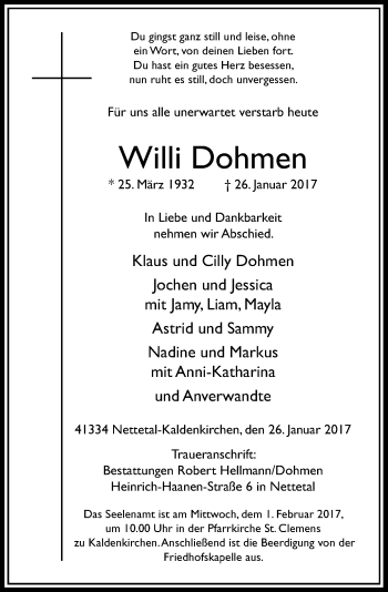 Traueranzeige von Willi Dohmen von Rheinische Post