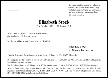 Traueranzeige von Elisabeth Stock von Rheinische Post