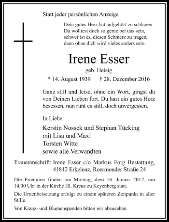 Traueranzeige von Irene Esser von Rheinische Post