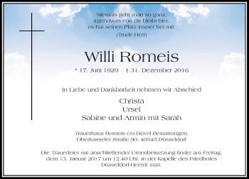Traueranzeige von Willi Romeis von Rheinische Post
