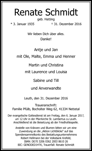 Traueranzeige von Renate Schmidt von Rheinische Post