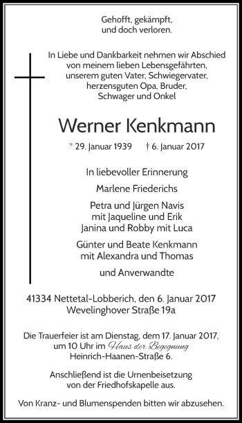 Traueranzeige von Werner Kenkmann von Rheinische Post