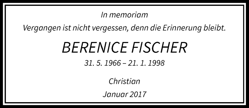  Traueranzeige für Berenice Fischer vom 21.01.2017 aus Rheinische Post