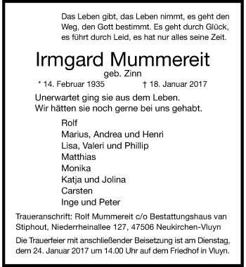 Traueranzeige von Irmgard Mummereit von Rheinische Post